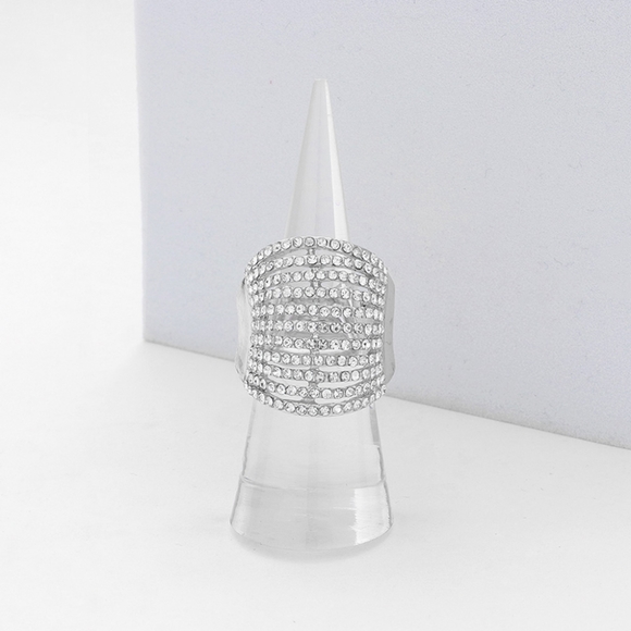 Silver Rhinestone Crystal Wide Stretch Ring Striped Fashion Statement Jewelry - Picture 1 of 4